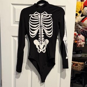 Black and White Skeleton Zippered Bodysuit, Size Medium